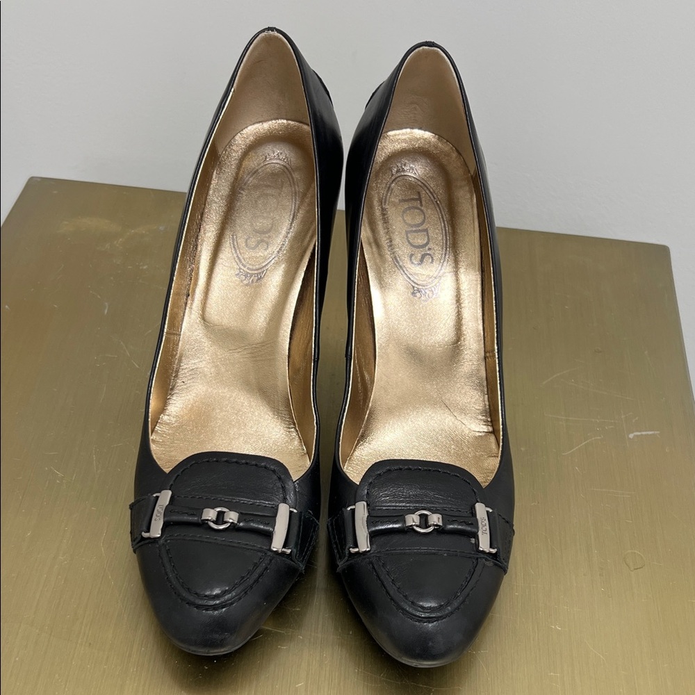 Tod's Black Leather Heels with Silver Buckle